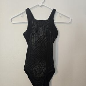 GK Elite Leotard Gymnastics Dance Size AXS Adult XS Black Silver Animal Print